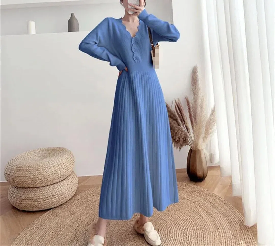 Vestido de punto para mujer para otoño e invierno, corte ajustado, manga larga, vestido de punto para fiesta, falda de lana.
