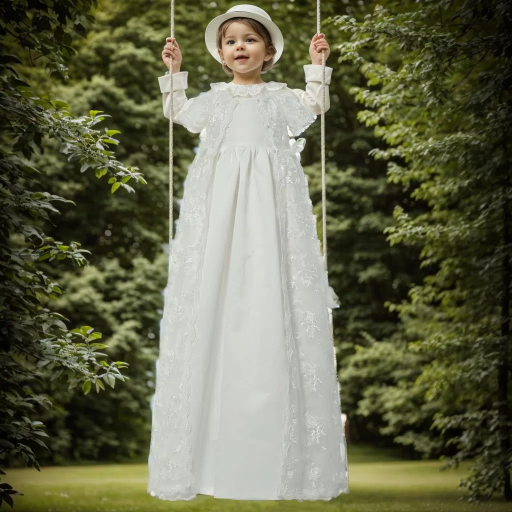 CAMDOM Vestido de bautizo largo para bebé 3 piezas de encaje blanco con gorro