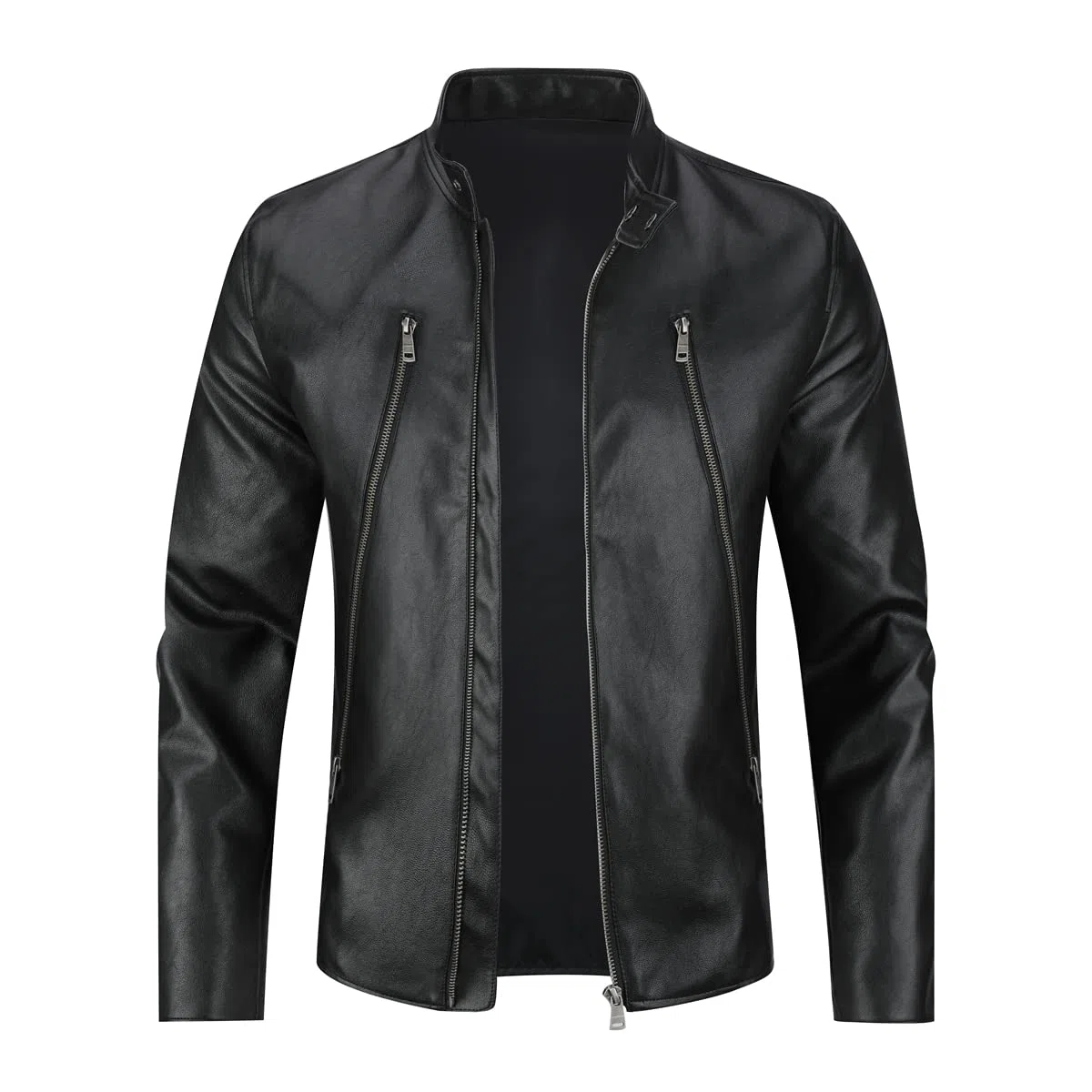 Sliktaa - Chaqueta de piel sintética ecológica de invierno con un cuello alto, de entretiempo, tipo motero, piloto, cremallera, informal, cuero, fresco, clásico, Negro D, XXL