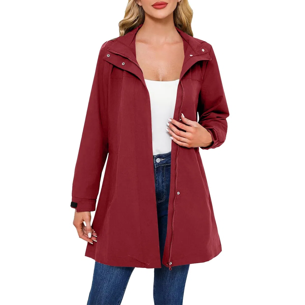 Generisch Poncho de lluvia para mujer, largo, impermeable, con capucha, transpirable, cortavientos, chaqueta de manga larga con cremallera, chaqueta ligera para el tiempo libre