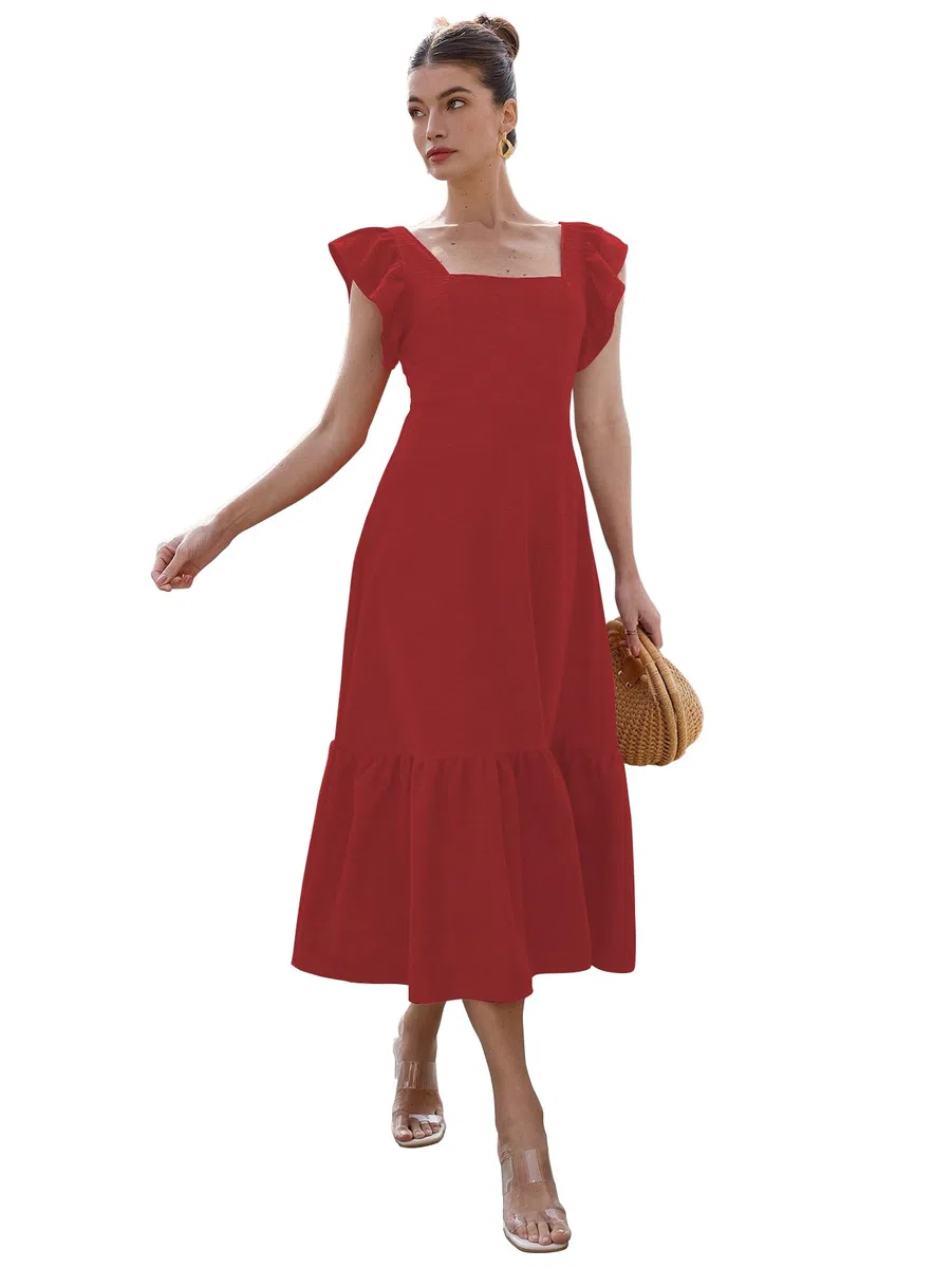 Sugathari Chica y mujer Color sólido cuello cuadrado, dobladillo con volantes sin mangas, sisas con volantes y vestido casual con cintura entallado trajes de vacaciones para mujer (vestido 176)