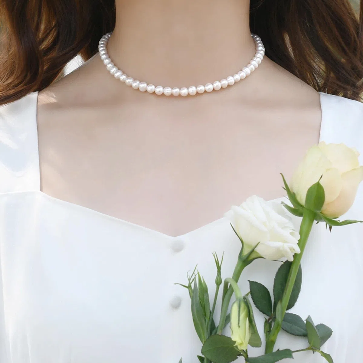 LOKILOKI Collar De Gargantillas De Perlas De Agua Dulce Naturales De 6-7mm, Joyería De Plata De Ley 925 para Mujer, Tendencia De Regalo