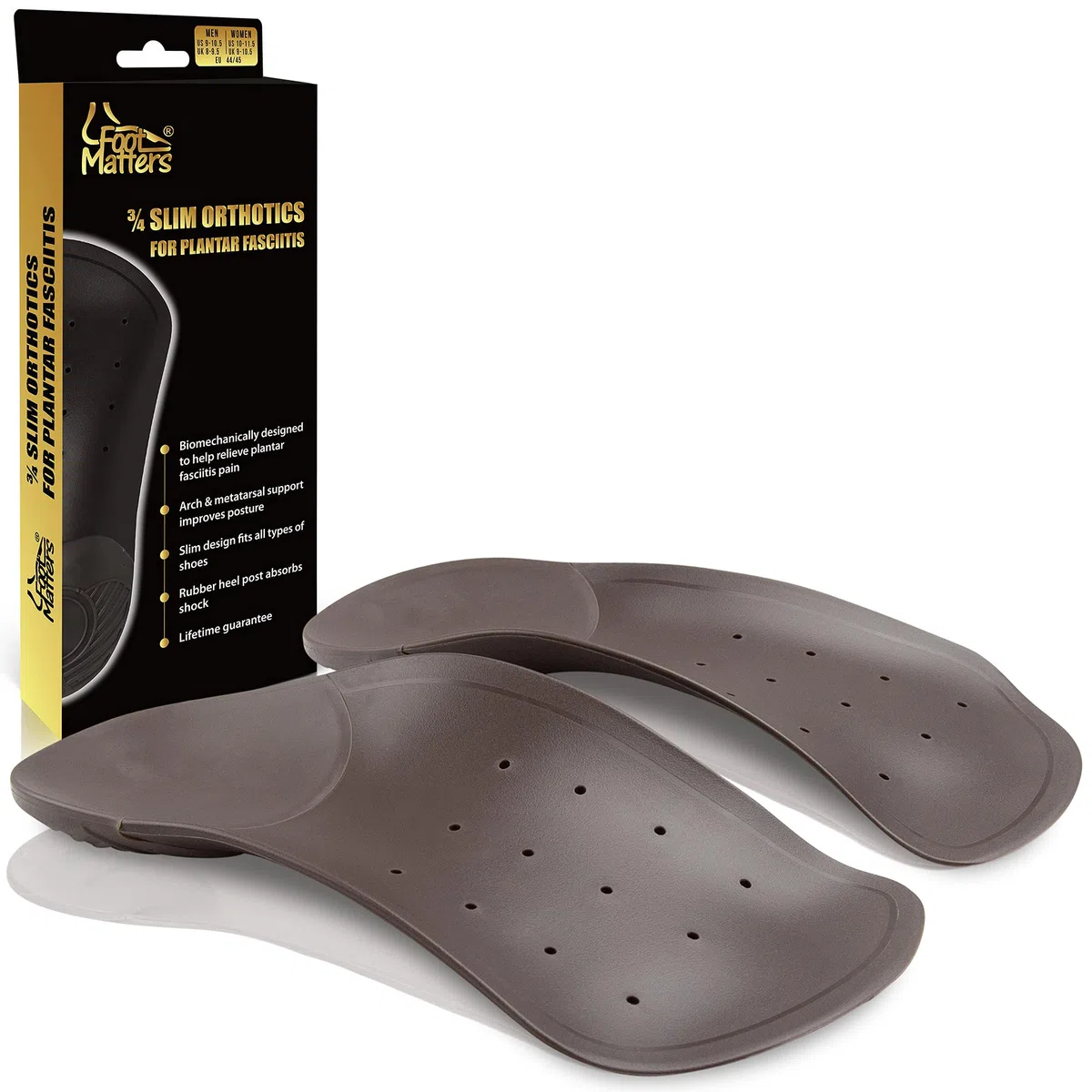 FootMatters 3/4 insertos ortopédicos delgados - para alivio del dolor de la fascitis plantar - Plantillas para mujeres y hombres con soporte de arco y copa de talón - L - US Men 11-13