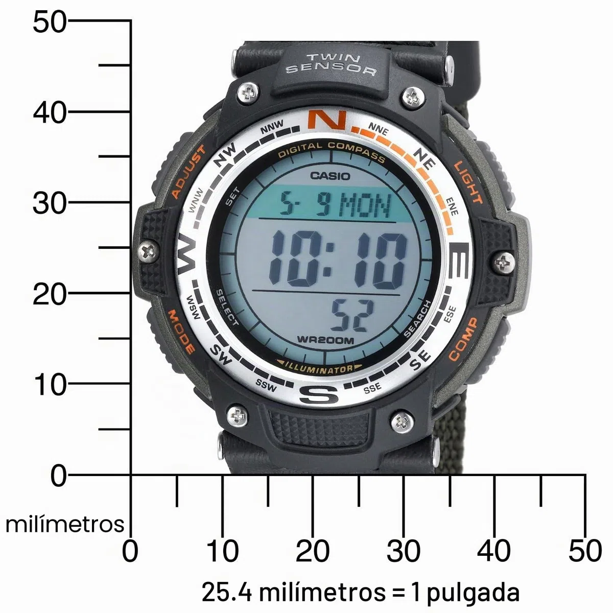 Casio Serie SGW100 | Reloj digital y brújula | 200 M WR | Cronómetro 100 SEC | Sensor doble de dirección y temperatura | Resistente a bajas temperaturas | Hora mundial | Calendario automático | Alarma
