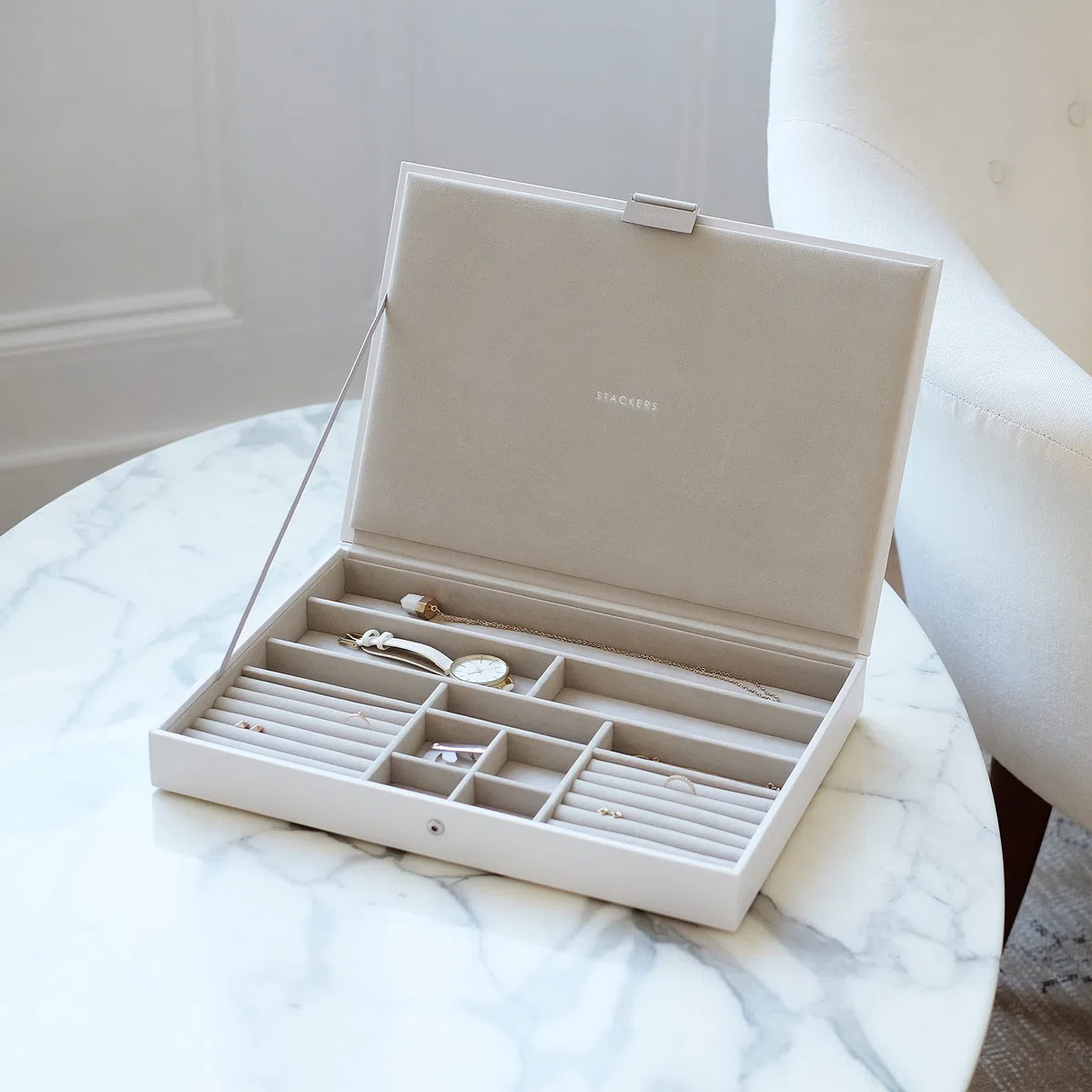 STACKERS super-size | caja de la joyería organizador con tapa, blanco con forro de terciopelo gris