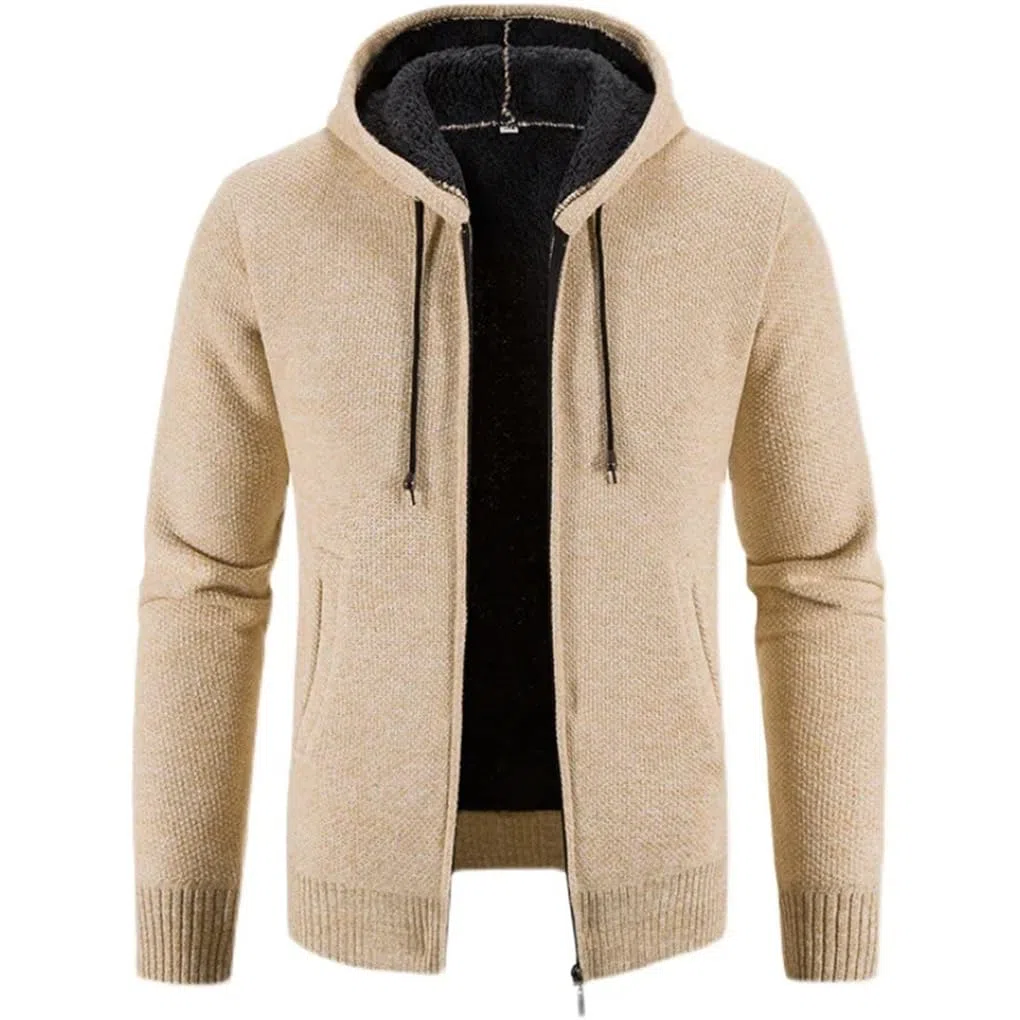 Suéteres de punto grueso sólido para hombre otoño e invierno con cremallera de forro polar suéteres con capucha