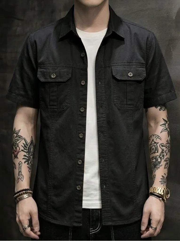 SMOWKLY Camisa casual de algodón liso para hombre con corte regular || media manga, botones, doble bolsillo frontal || Denim Shacket Style Fashion Western Outfit || Camisas de hombro para hombre