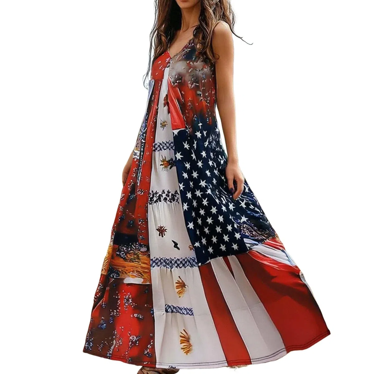 Vestido de verano casual con cuello sin mangas y estampado floral para mujer, día de la independencia