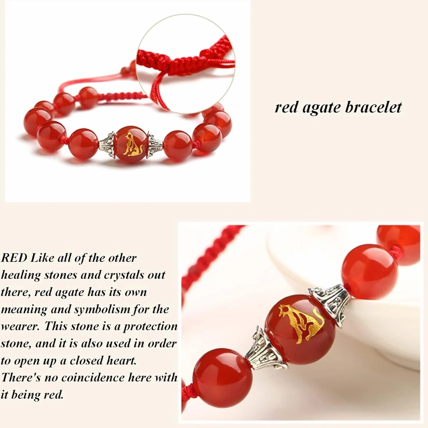 Feng Shui Piedra Preciosa Natural, Hilo Rojo Riqueza 12 Amuleto Animal Suerte Ajustable Proteger de los Malos espíritus Mujeres, Perro