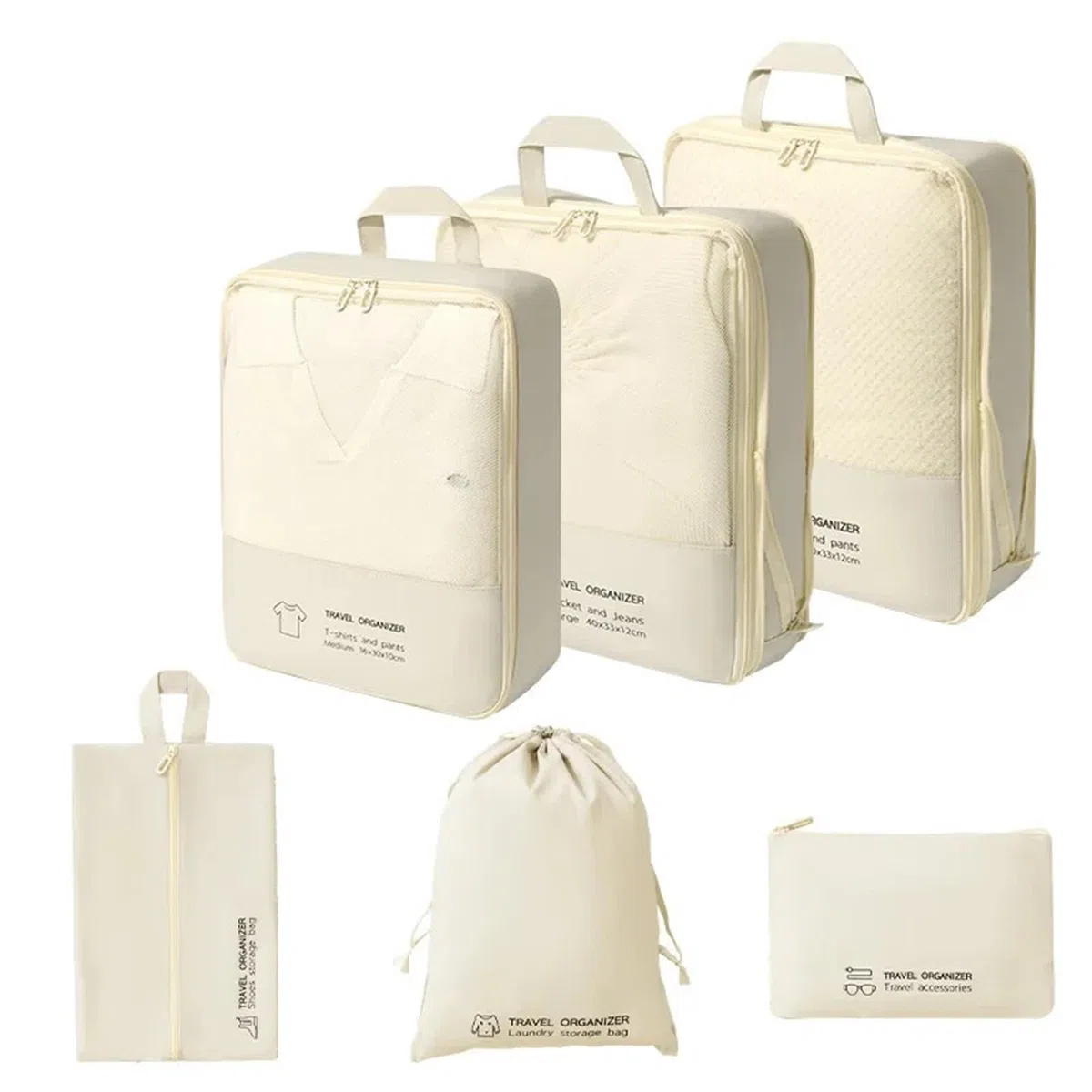 Packing Cubes - 6 bolsas organizadoras de equipaje extensibles comprimibles esenciales, Beige, Talla única