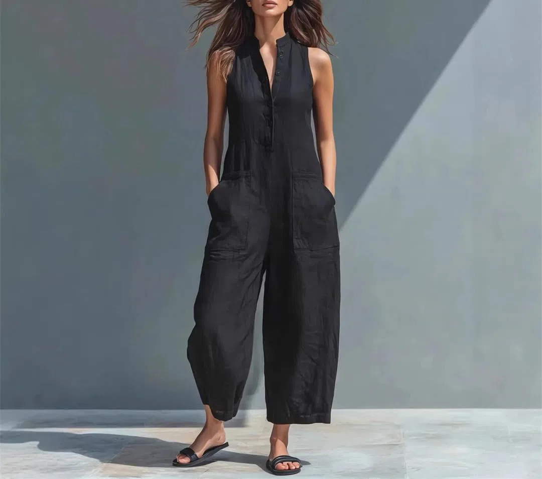 Yeuyyben Mono de una pieza sin mangas con cuello alto y pierna ancha para mujer, cintura alta, bolsillo, oficina, casual, elegante