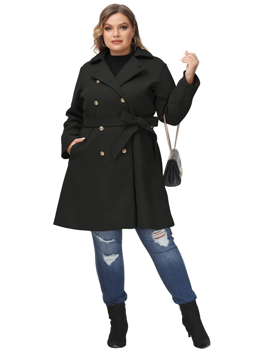 Hanna Nikole Abrigo de lana para mujer, talla grande, doble botonadura, abrigo de invierno con cinturón de bolsillo, cortavientos midi de manga larga