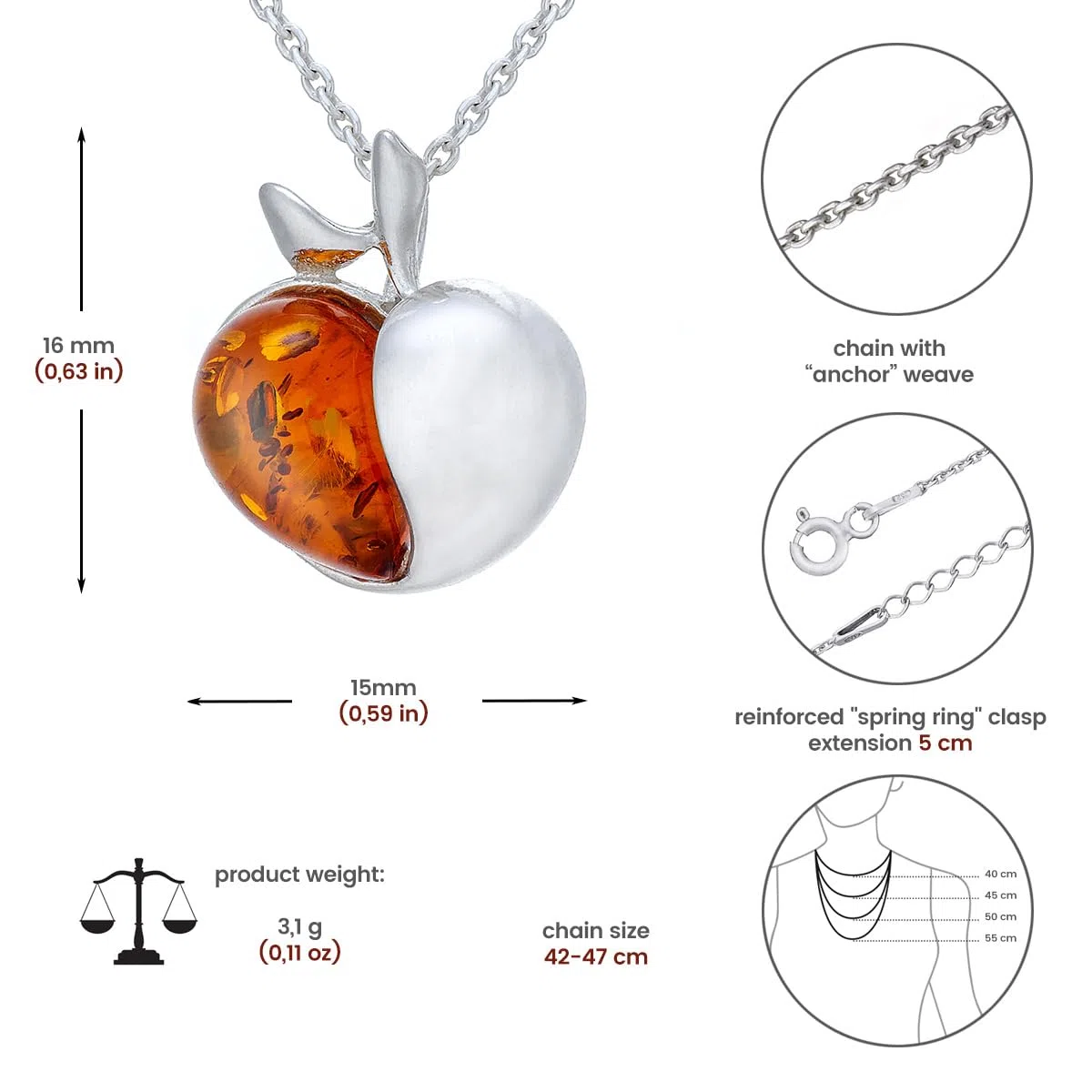 Collar pequeño de manzana para mujer con ámbar, plata de ley pulida, ámbar báltico en color coñac, colgante de plata con cadena, Plata esterlina, Ámbar