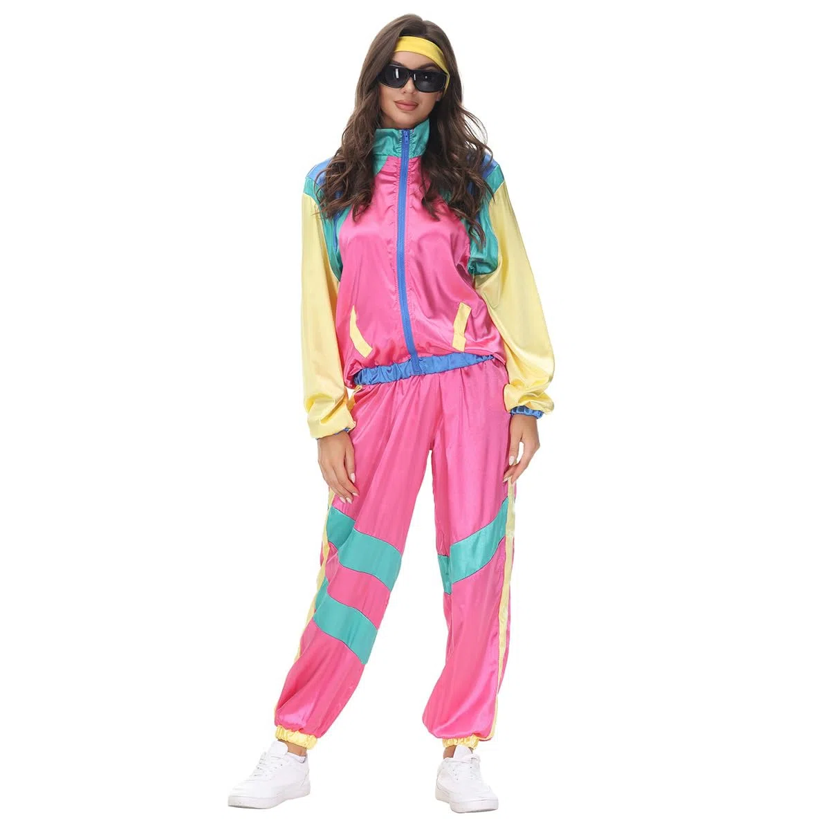 OBEEII Chándal de los años 80 para hombres y mujeres, chaqueta y pantalones, traje con diadema, traje de los años 80 para Halloween, fiesta vintage, carnaval