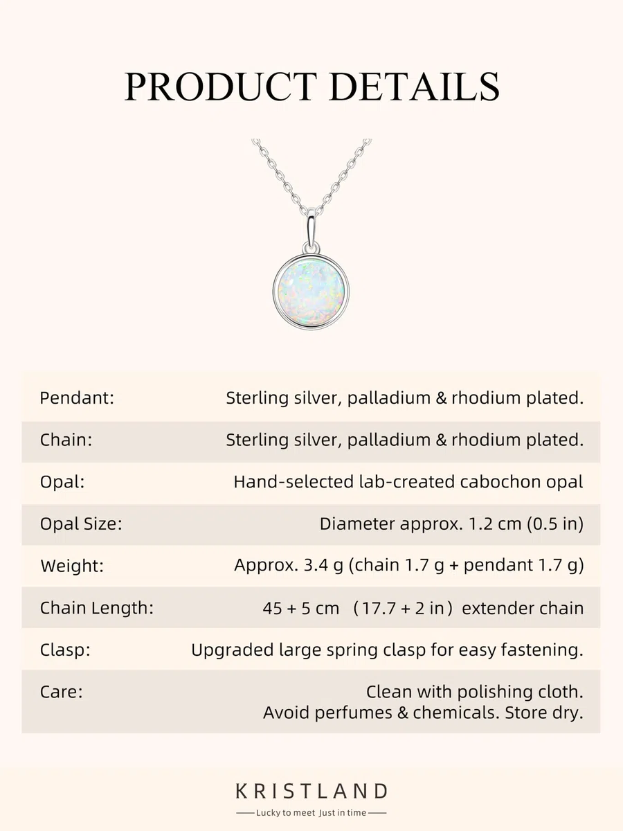 Collar de Ópalo Redondo S925 Chapado en Oro Blanco para Mujer Con Circona y Cadena Ajustable - Regalo de Cumpleaños