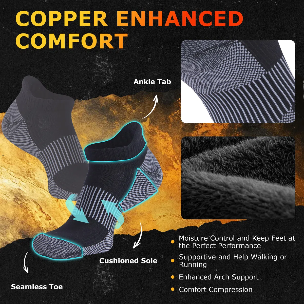 Dsource Calcetines unisex de cobre, suela acolchada, soporte de arco, calcetines atléticos al tobillo, para ciclismo, baloncesto, correr