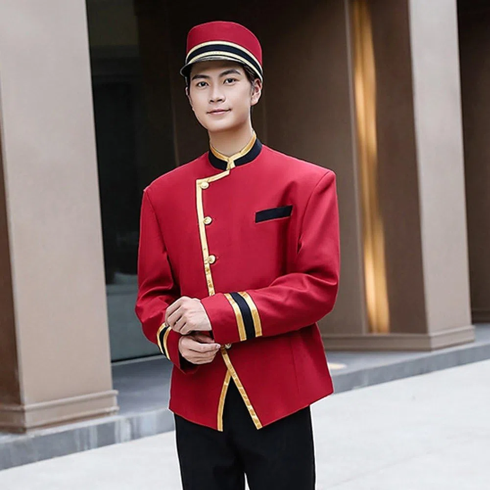 1 Conjunto De Uniforme De Recepción De Hotel con Sombrero, Uniforme Profesional De Hotel Rojo, Uniforme De Servicio De Manga Larga, Ropa De Camarero De Recepcionista De Hotel