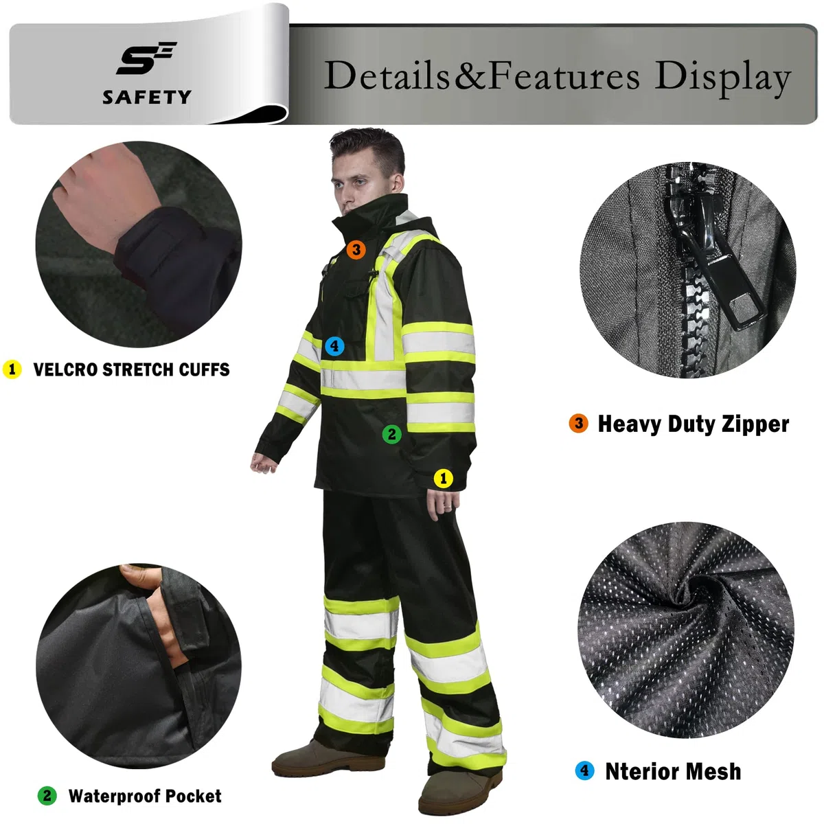 sesafety Trajes de lluvia impermeables para hombre, equipo de lluvia de alta visibilidad clase 3, chaqueta impermeable de alta visibilidad con parte inferior negra