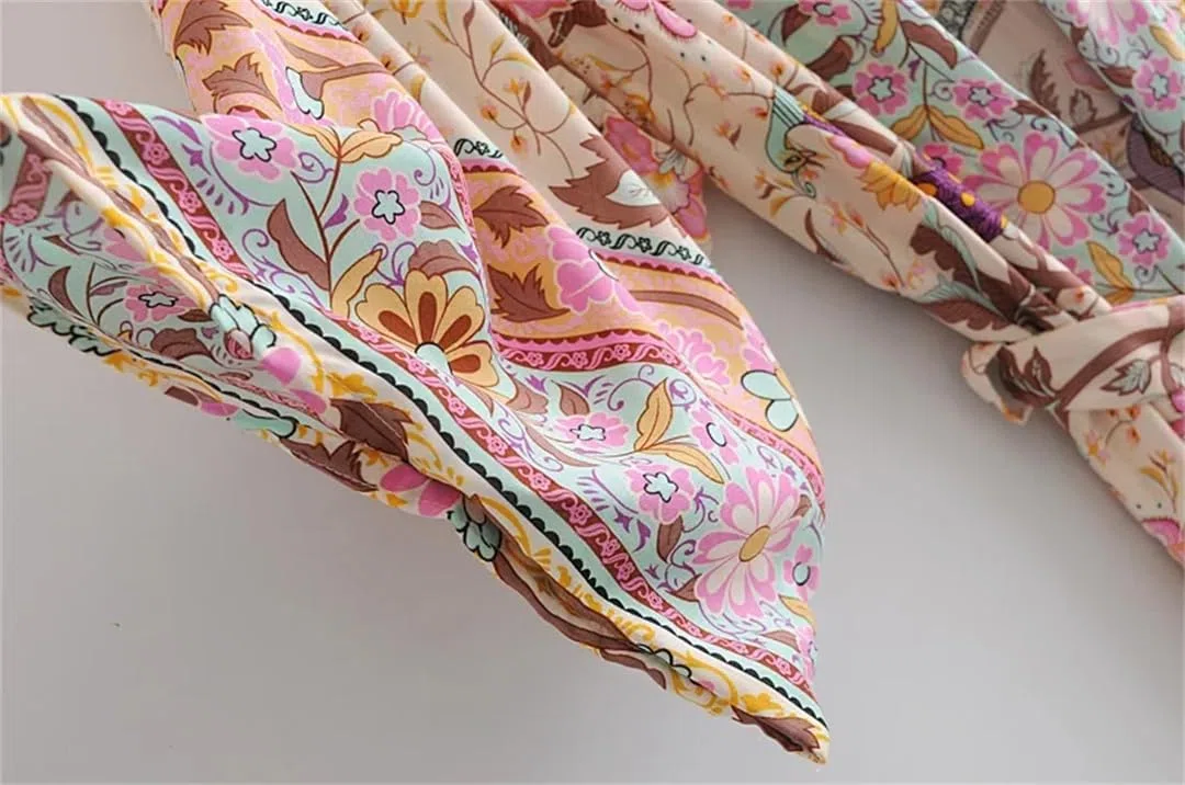 Bata kimono bohemio con estampado de manga murciélago para mujer, cuello en V, para verano