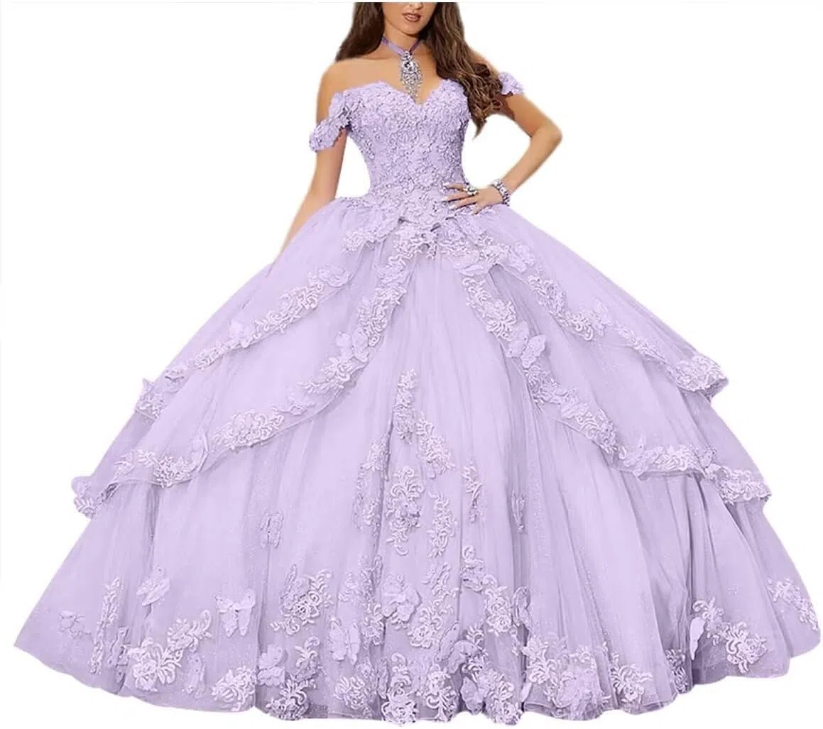 Vestidos de quinceañera con Hombros Descubiertos para Mujeres Adolescentes Vestidos de Fiesta con Apliques de Encaje Floral 3D Vestido de Fiesta Formal MT017