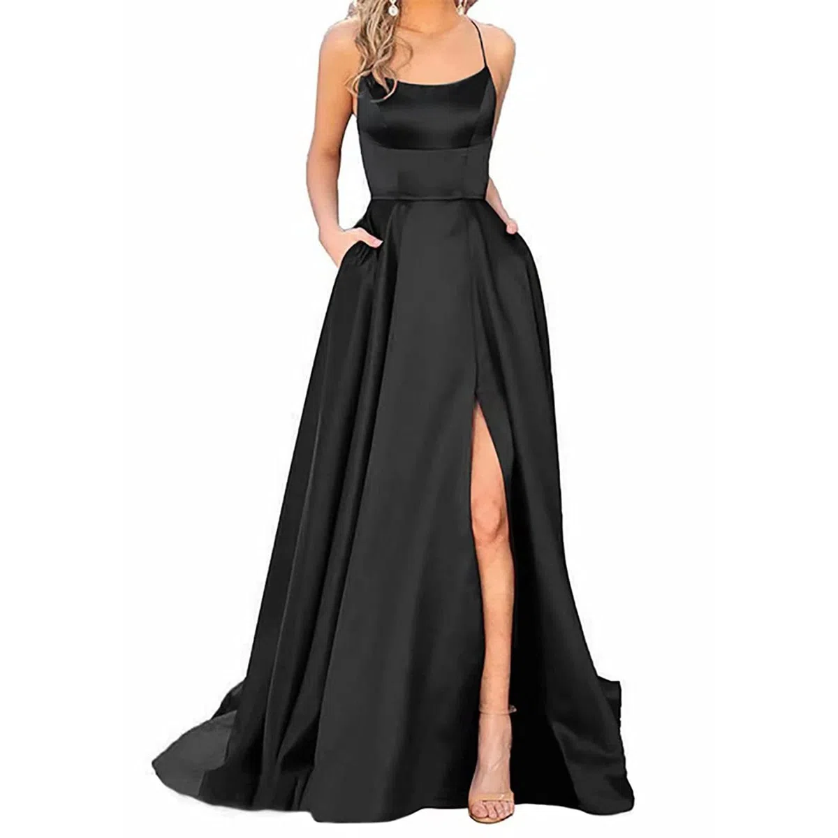 Generisch Vestido de fiesta largo para mujer, elegante, sin espalda, largo, de satén, espagueti, para fiesta, con abertura lateral, para boda, fiesta de noche, con bolsillos