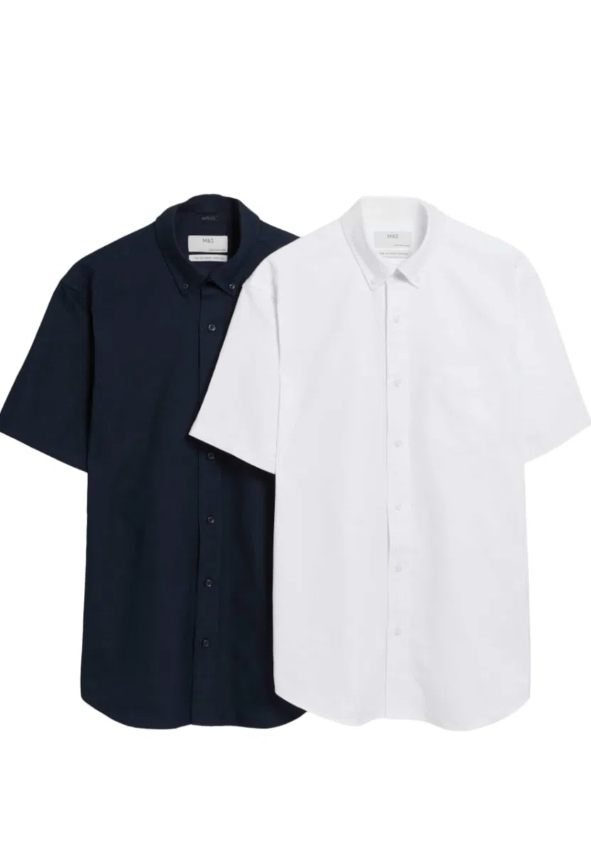 Marks & Spencer Camisas Oxford Ultimate de Manga Corta para Hombre Pack de 2, Ajuste Normal