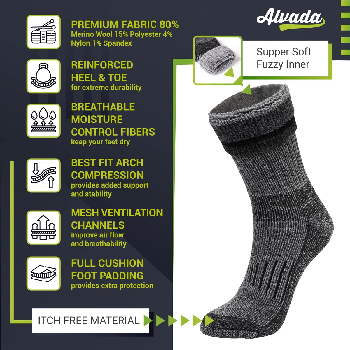 Alvada Calcetines térmicos de lana cálidos para invierno, absorben la humedad y transpirables, cómodos calcetines para botas