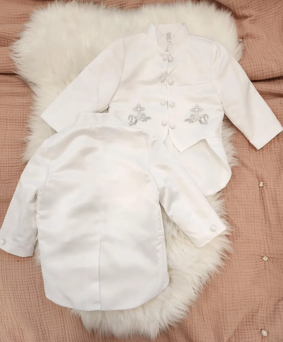 iGilrDress - Collar de mandarina para bautizo, color blanco, 5 piezas, esmoquin con bordado en cruz