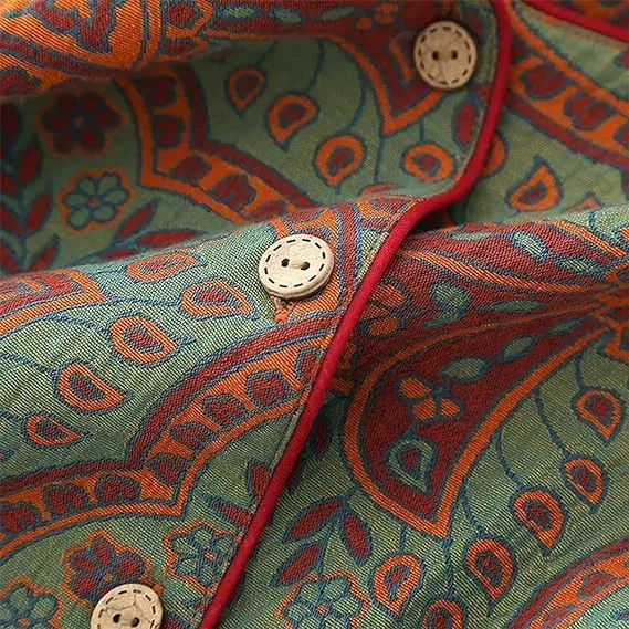 Women Sleepwear Vintage Jacquard Round Neck Button Cotton Loungewear Set, Long Sleeve Cotton Sleepwear