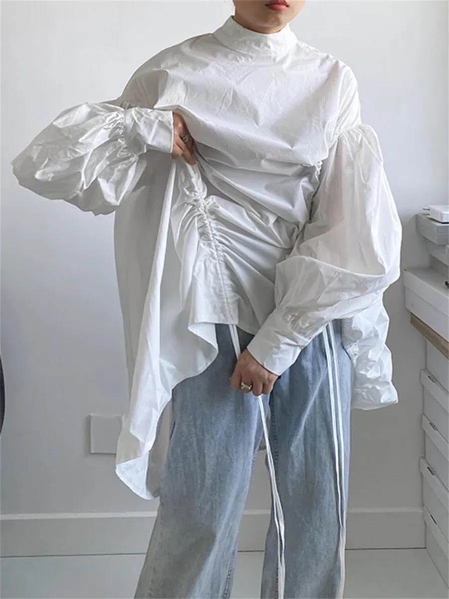 Genérico Blusa Holgada de Manga Larga con Cuello Alto y cordón Irregular para Mujer, Talla Grande, para Oficina y Trabajo (Talla única, Negra)