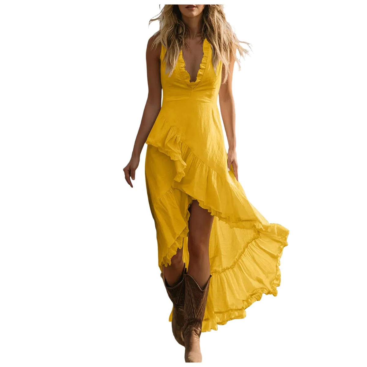 Vestidos Verano Mujer sin Mangas Vestidos Casual Cuello En V Profundo Dobladillo con Volantes Lino Vestido Largo Asimétrico Vestido de Verano Transpirable Ligero Boho para Fiesta Playa Vacaciones