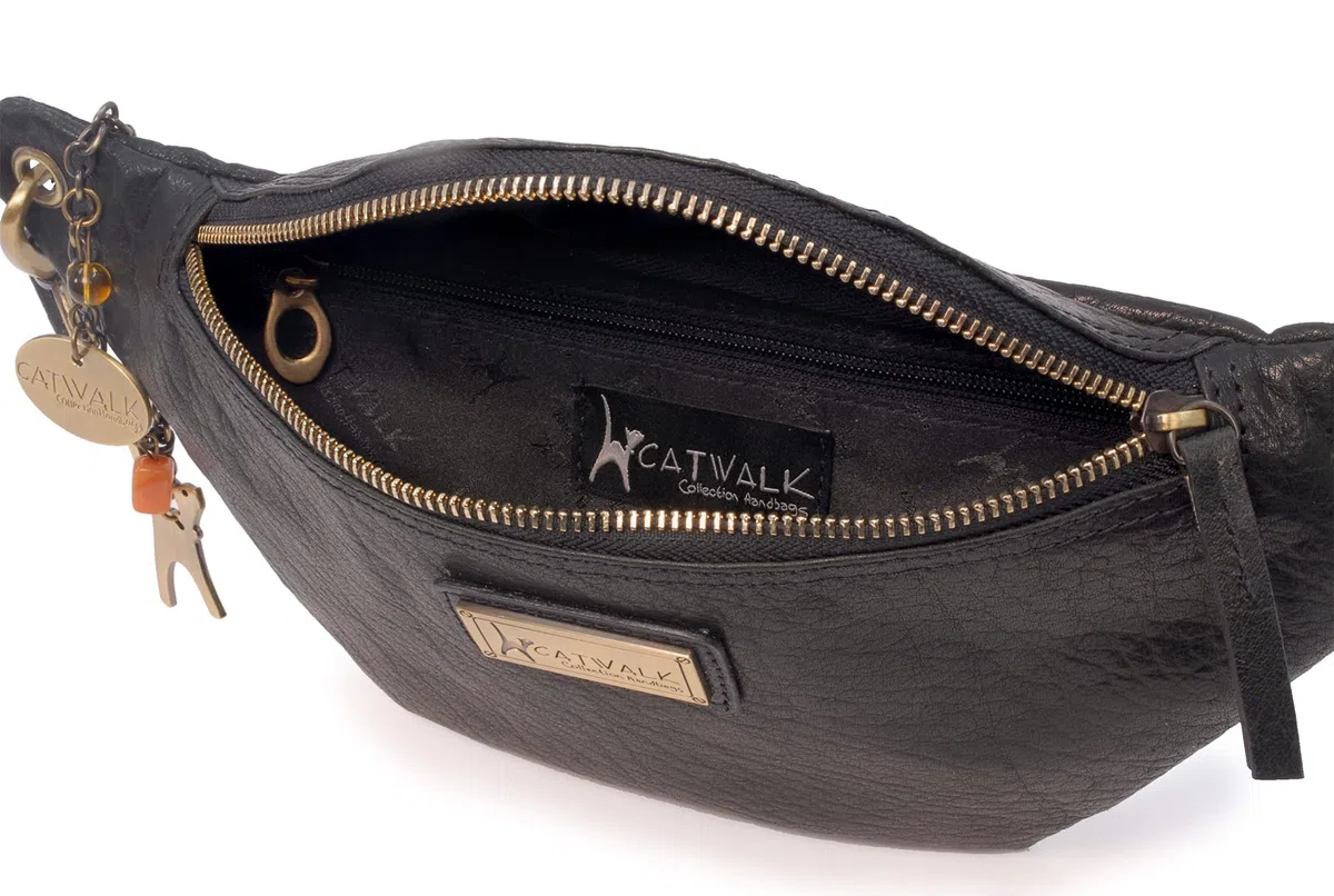 Catwalk Collection Handbags - Riñonera Mediana de Piel para Mujer - Bolso de Cintura para Festival o Viaje - con Cinturón Ajustable - Ariana - Negro