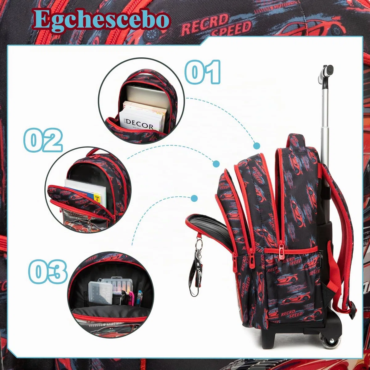Mochilas Escolares con Coches Ruedas Carro Niño 17" 3PCS Mochila Carrito para Trolley Escolar Bolso de Viaje Estuche Stitch Chicos Maleta Colegio Grande Medianas Infantil Niños Rojo