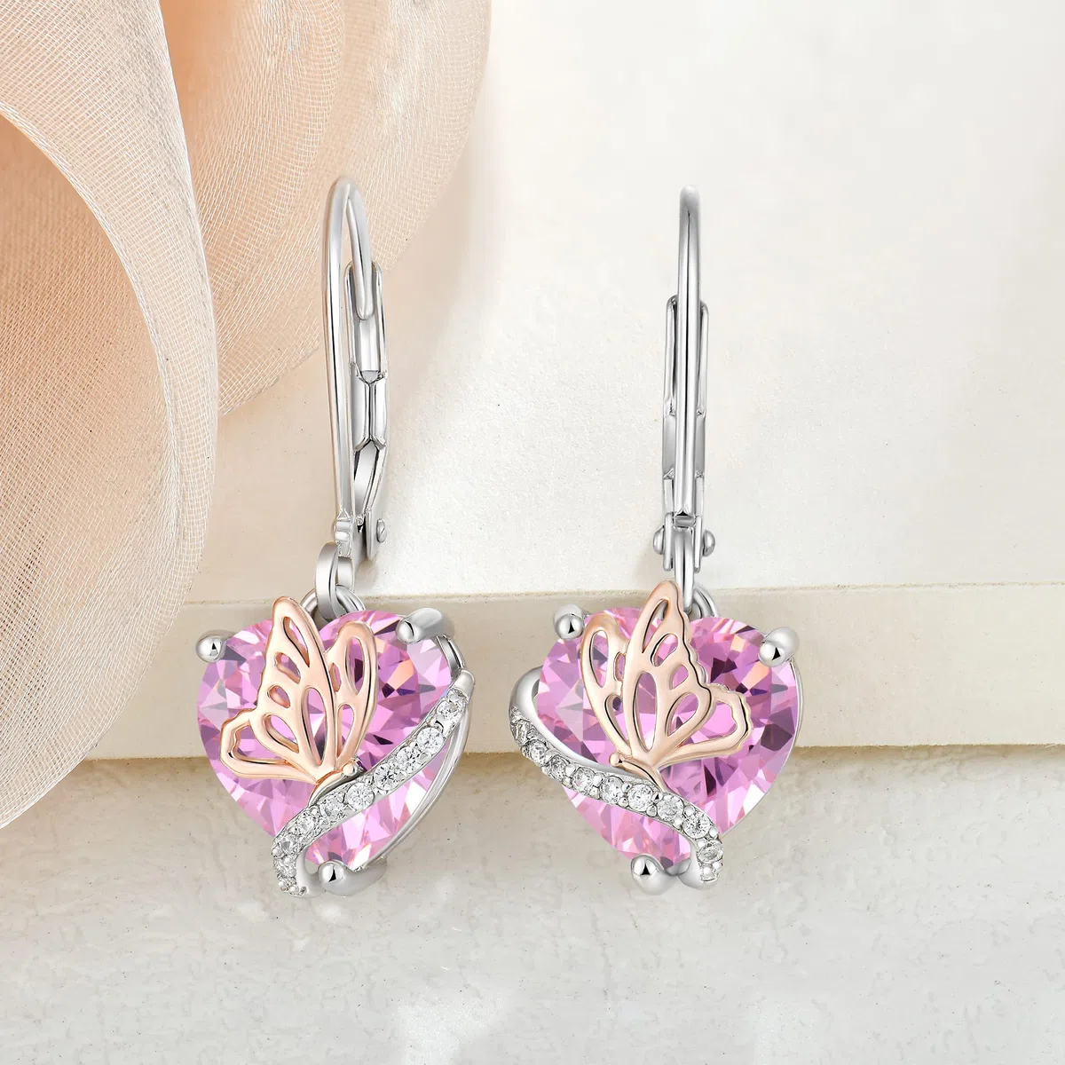 YL Pendientes Corazón Plata de Ley 925 con 12 piedras de Nacimiento Circonita Mariposa Pendientes para Mujer