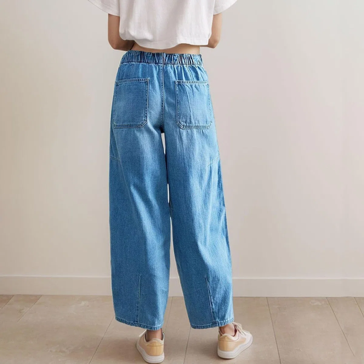 Pantalones vaqueros para mujer, cintura elástica, ajuste holgado, pantalones vaqueros con cordón, pantalones vaqueros 7/8 con bolsillos, pantalones vaqueros de cintura alta, pantalones casuales de