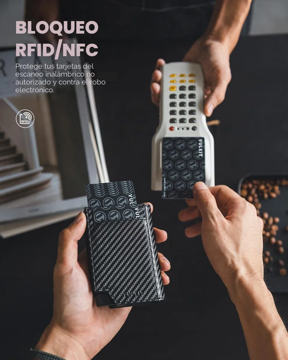 VULKIT Carteras para Hombre Pop Up RFID Bloqueo Cartera Tarjetero Hombre Piel Tarjeteros Monedero con Porta Monedas Tríptico Billeteras para Billetes, Fibra de Carbono