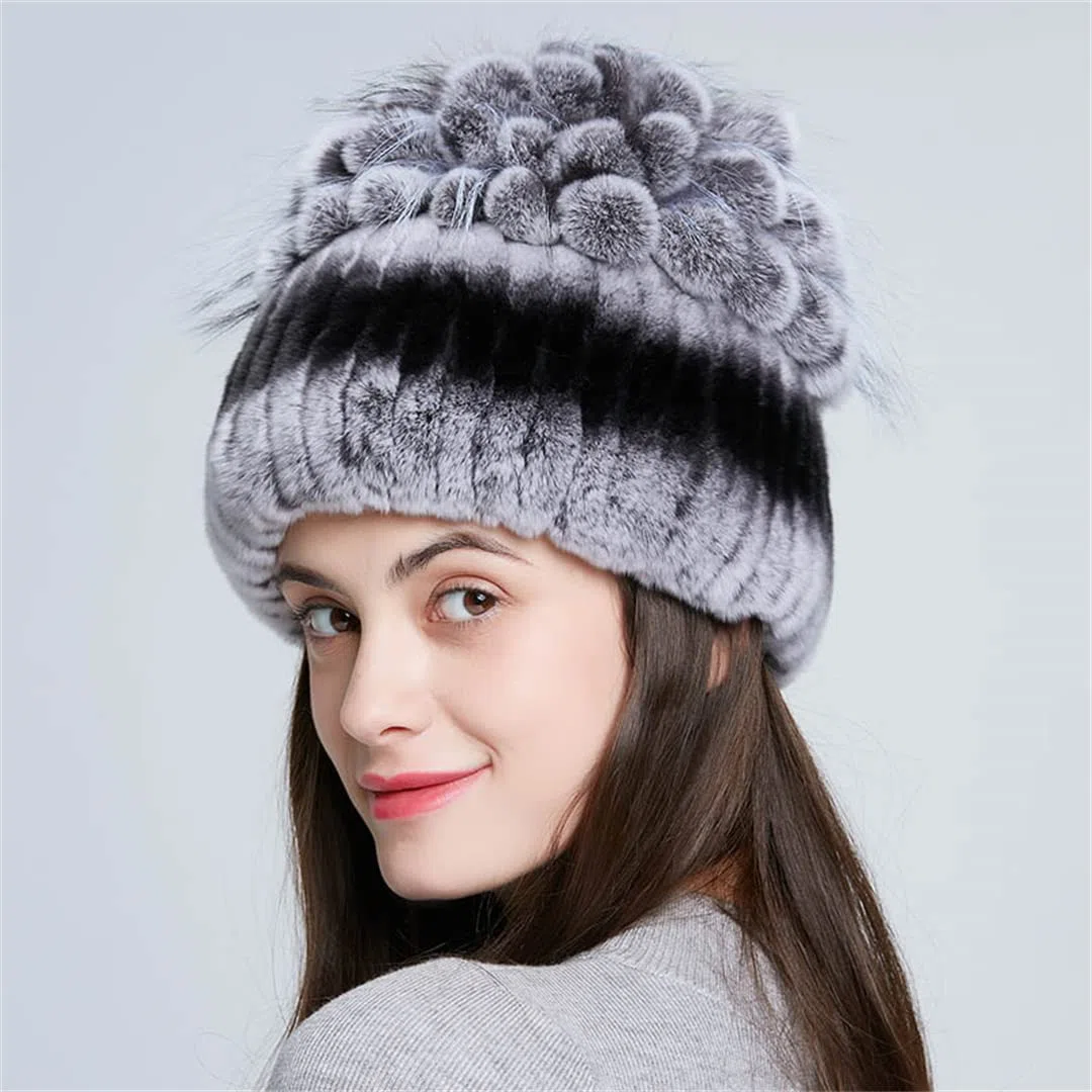 Sombreros de Piel de Mujer para Invierno Gorro de Piel de Conejo Natural Moda Femenina Gorros Gruesos y cálidos Gorros 108 52-58 Cm