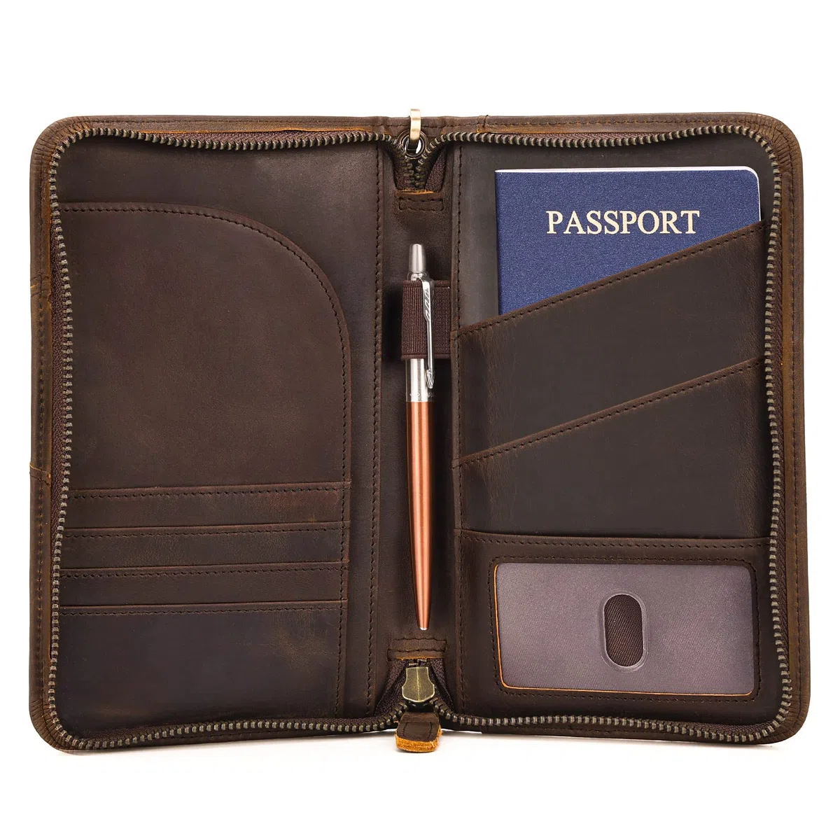 Polare - Soporte para Pasaporte de Piel de Grano Completo con Cremallera YKK, Bloqueo RFID, Organizador de Documentos de Viaje, Funda para 2 pasaportes