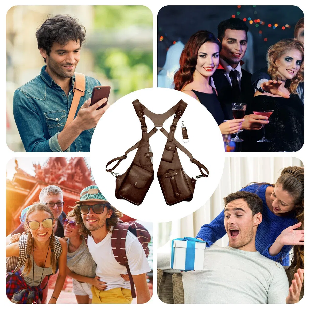 Arnés antirrobo, arnés antirrobo para hombres | Doble bolso de hombro medieval cosplay para hombres y mujeres, cartera ajustable de piel sintética, funda para teléfono móvil al aire libre