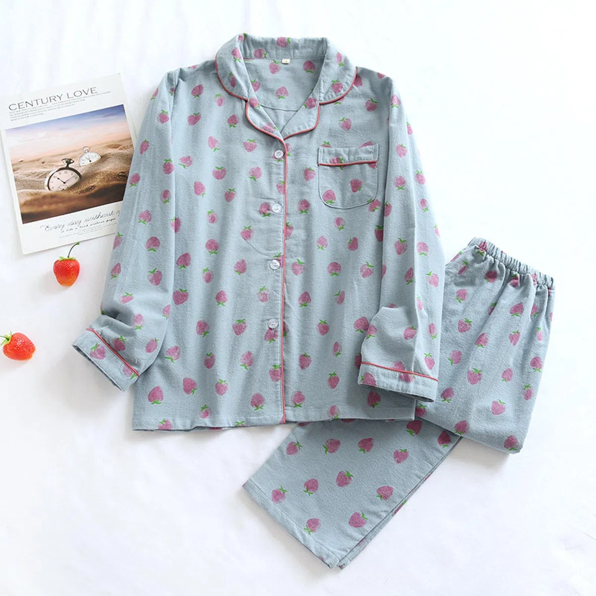 Un Pijama Cómodo Pijamas De Mujer Pijamas De Mujer Pijamas De Otoño Conjunto De Pijamas De Mujer Pantalones De Manga Larga De Algodón Puro Ropa De Dormir para Mujer,Strawberry-Pink-XL