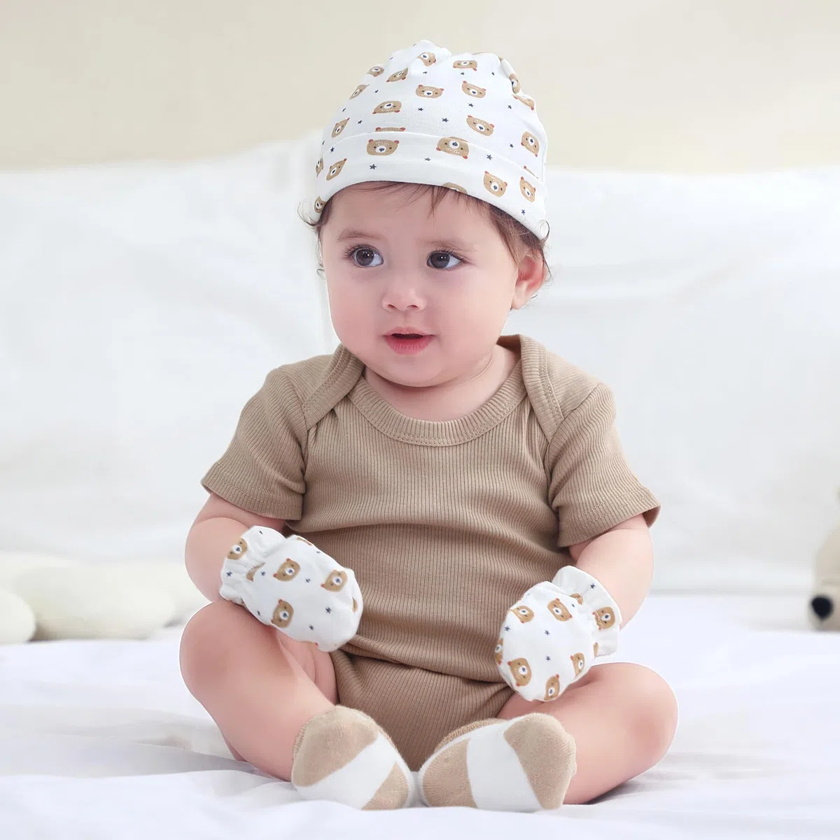 Ruliby Juego de gorros, manoplas y calcetines de algodón para recién nacido, gorro suave para bebés y niñas de 0 a 6 meses
