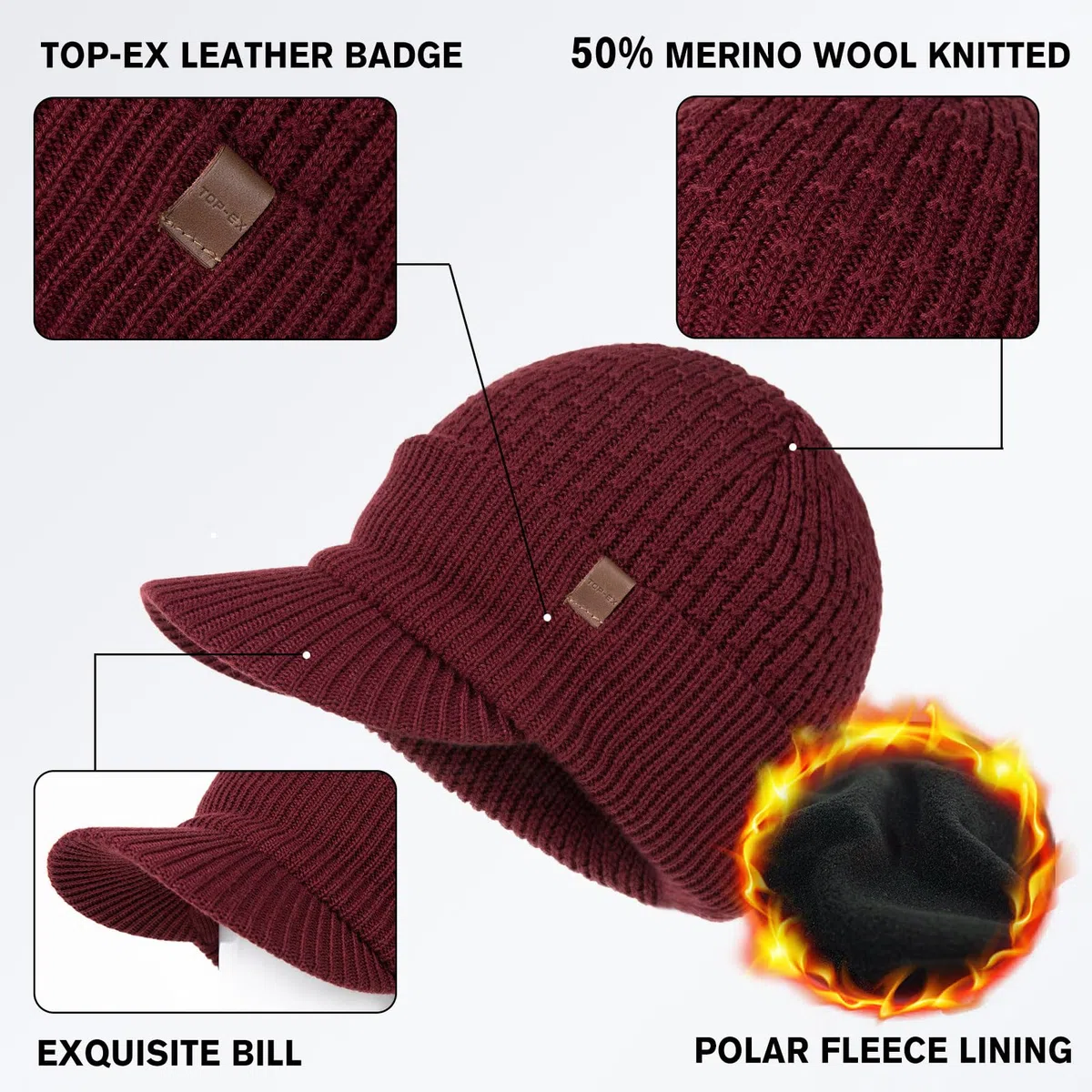 TOP-EX Gorro de lana merino, M, L, XL, XXL, 100 % lana merino, gorro de invierno, gorro de punto para hombre, gorro de pescador, gorro de arrastre, forro polar cálido