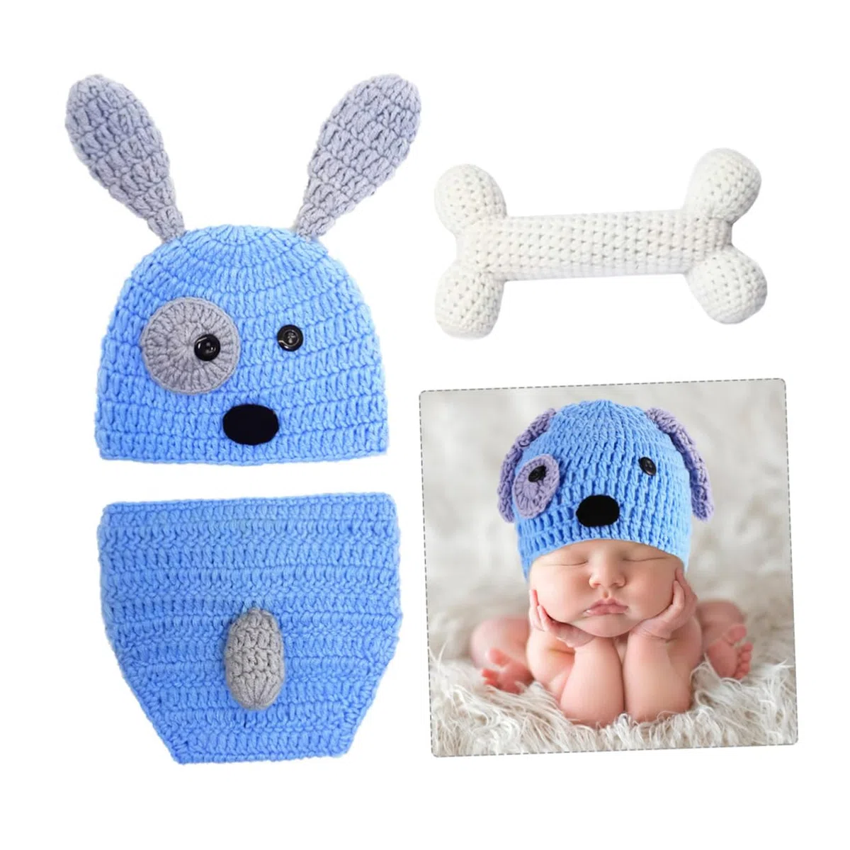 Ropa De Modelado Para Cachorros Para Fotografía De Bebés Azul Accesorios De Recién Nacido Conjunto De Ropa De Punto Gorro Pantalones Cortos