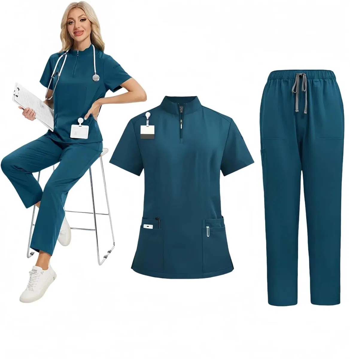 Uniformes Sanitarios Mujer Traje de Hombre y Mujer con Cuello levantado Cremallera, Ropa Lavado, Uniforme Enfermera, Mono, médico, salón Belleza, SPA | Royal Blue,S(55-65kg)