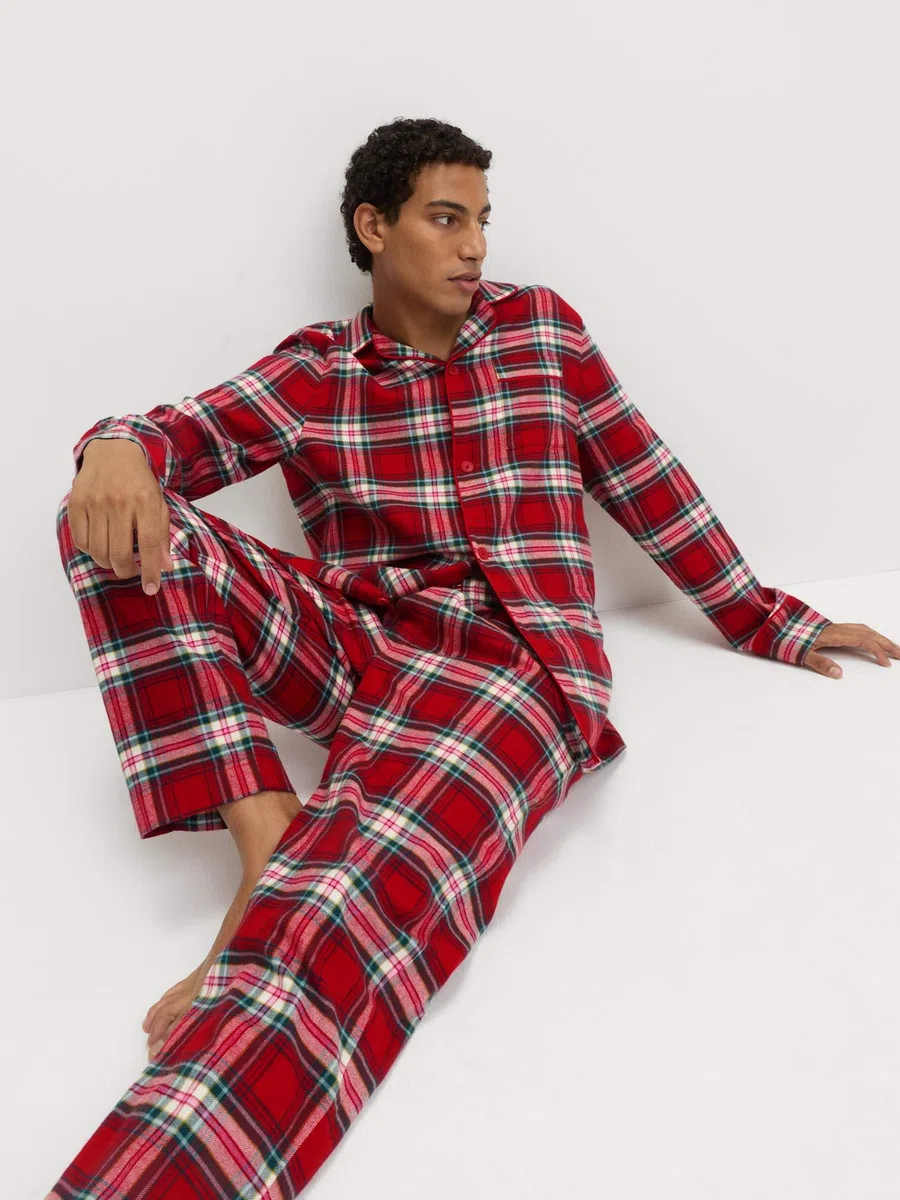 Marks & Spencer Conjunto de Pijama Navideño Familiar de Cuadros de Algodón Puro para Hombre, Ajuste Normal, Cintura con Cordón, con Bolsillos