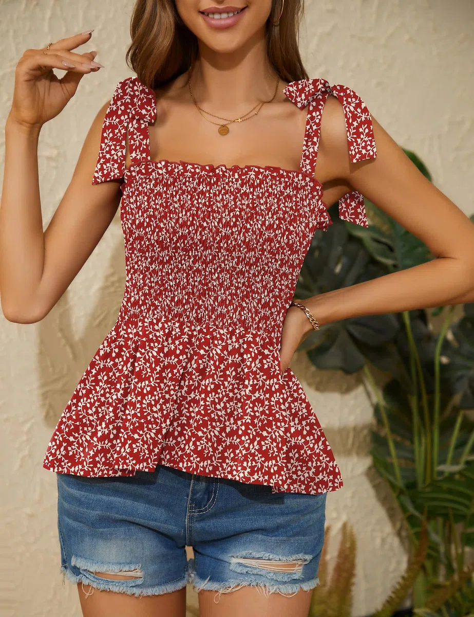 Micoson Camiseta sin mangas con volantes para mujer, cuello cuadrado, sin mangas, con lazo en los hombros, blusa de gasa estilo babydoll, color rosa, talla S, Rojo (Red Floral), M