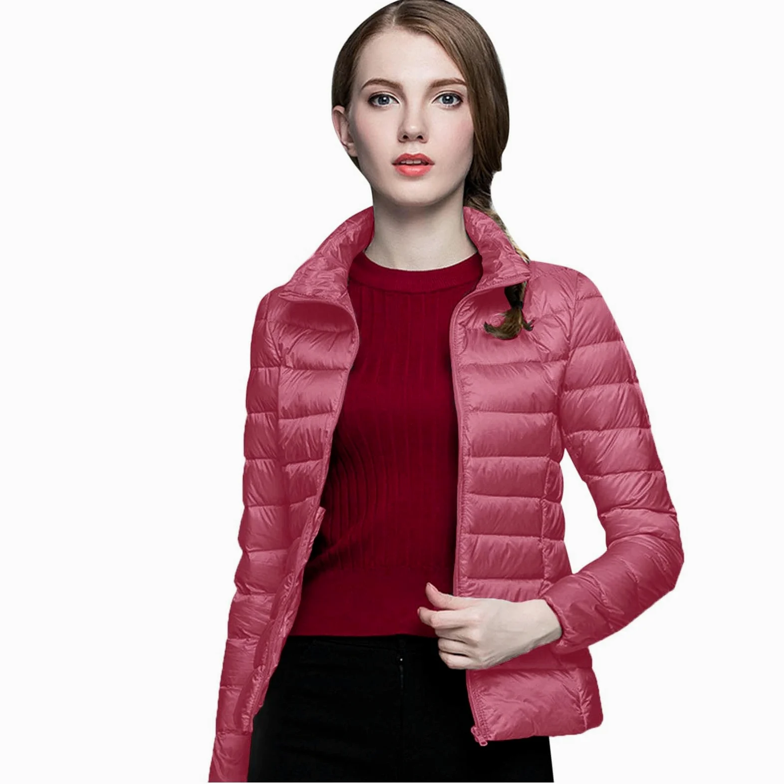Chaqueta ligera y cálida para mujer, abrigo de invierno a prueba de sin capucha con aislamiento reciclado, abrigo de plumón de pato blanco cálido con capucha corta y delgada para invierno