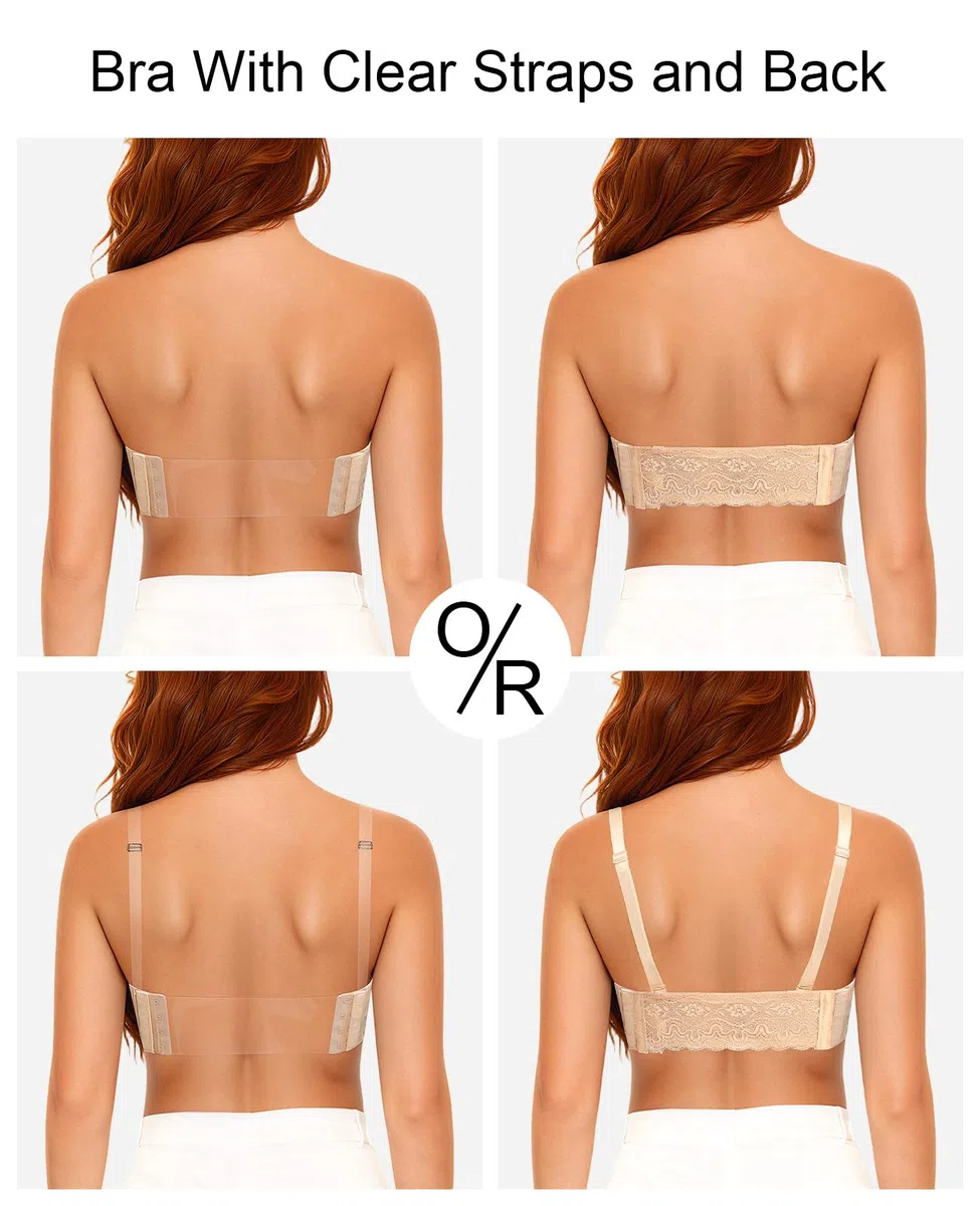 YANDW - Sujetador sin tirantes, ligeramente acolchado, cobertura completa, espalda transparente, tirantes invisibles, sin espalda, para mujer