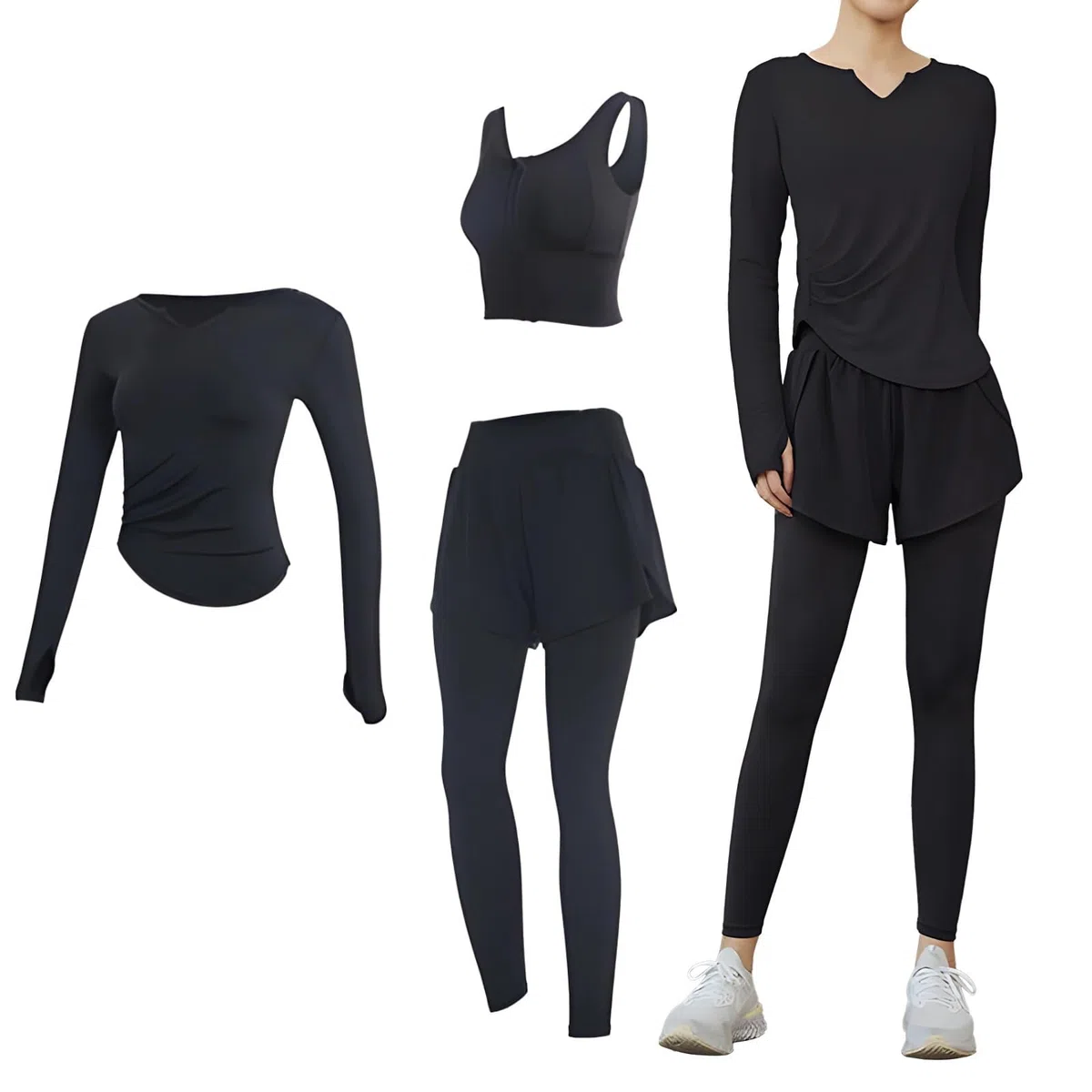 Conjunto de entrenamiento de 3 piezas para mujer, tela transpirable y antibolitas, ropa de yoga para 135-150, cómodo atuendo atlético, Negro -, talla única