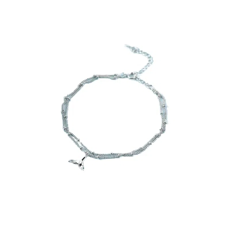 Pulsera de pie, cadenas for el tobillo, colgante de cola de pez de plata de ley 925, tobilleras de doble capa, joyería for mujer, pulsera de cadena de pie con encanto de playa de verano, regalo